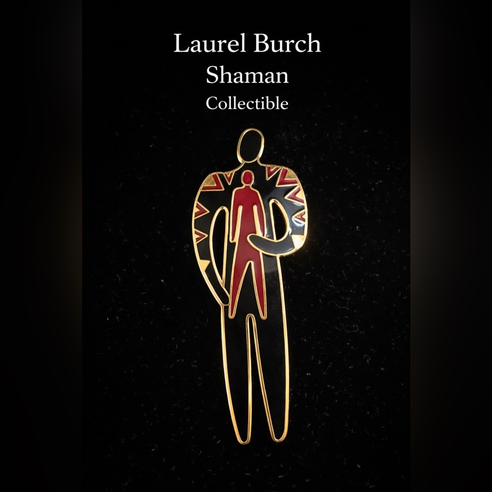 Vintage Laurel Burch Red and Gold Shaman Man and Child Cloisonné" Brooch 1980s
